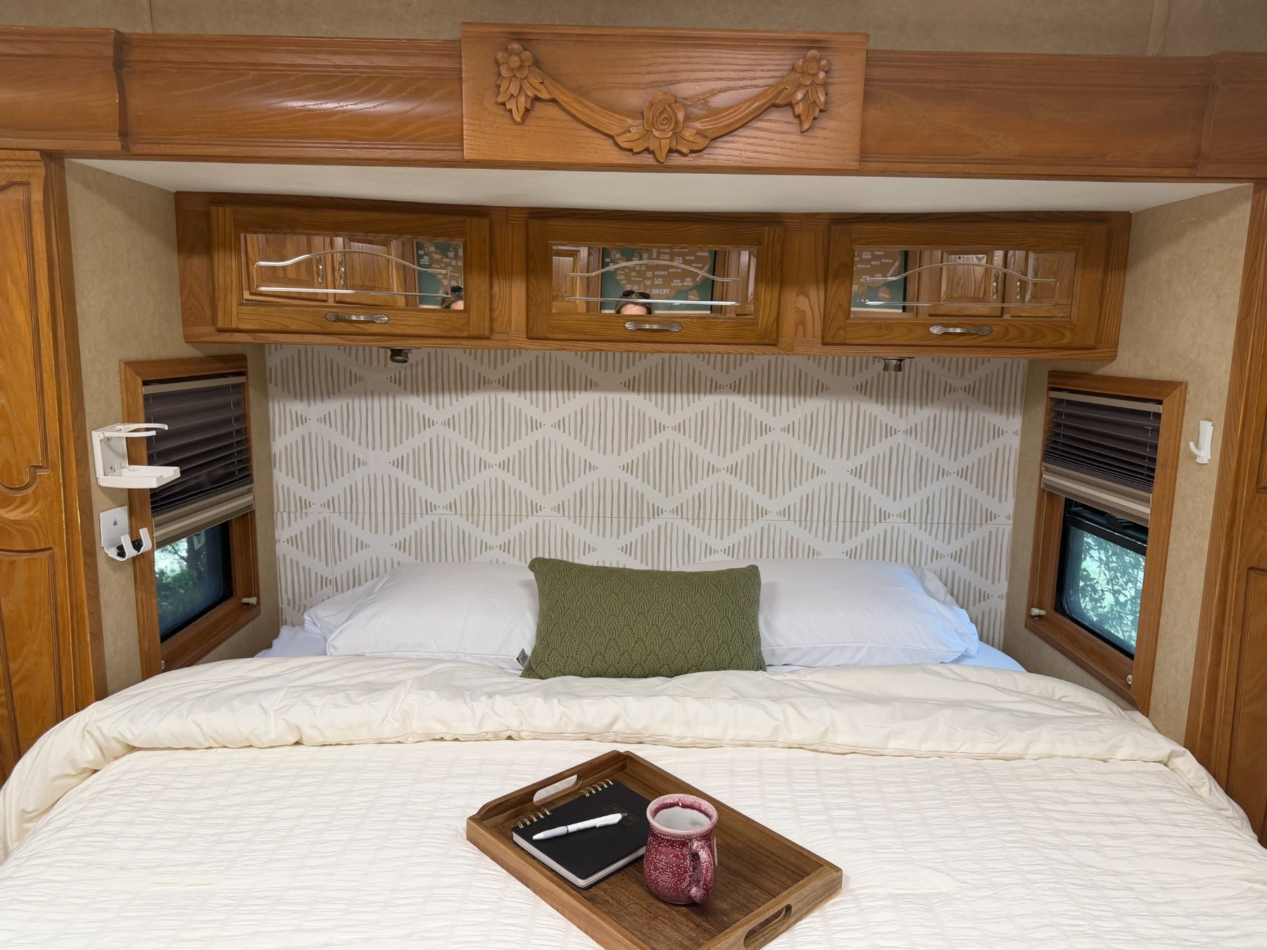 Chamomile Hour king bed with tray and journal